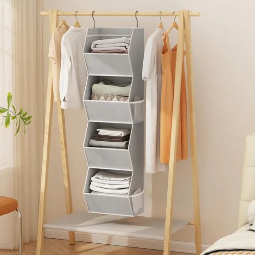 Miniatura 2 de Organizador colgante de armario de 4 estantes plegables para dormitorio, organizador de armario y almacenamiento colgante con bolsillos de malla