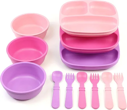 Miniatura 13 de Re-Play Juego de vajilla para niños pequeños, 3 platos divididos con 3 juegos de tenedores y cucharas, vajilla para niños sin BPA, apto