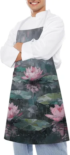 Miniatura 4 de MUSM Apron for Adults - 27.6 X 31.5 Inch, Heavy-Duty Polyester Aprons with Two Large Pockets, Waterproof Peach Water Lily Painting Kitchen Apron for