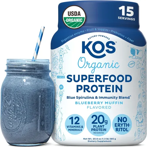 Miniatura 11 de KOS Proteína en polvo a base de plantas, muffin de arándano - Superalimento de proteína de guisantes orgánico con mezcla de espirulina y apoyo