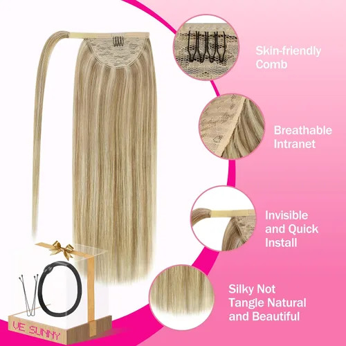 Miniatura 4 de VeSunny - Extensiones de cabello humano remy lacio de 14 a 24 pulgadas, con clip para cola de caballo, juego de extensiones de cabello humano