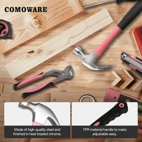 Miniatura 6 de COMOWARE Kit de herramientas para el hogar de 218 piezas, color rosa, juego de herramientas de mano básicas para el hogar con bolsa, kit