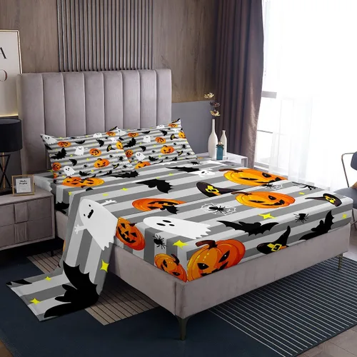 Miniatura 13 de Manfei Juego de sábanas de Halloween tamaño individual, juego de ropa de cama de farol de calabaza fantasmas para niños y niñas, decoración