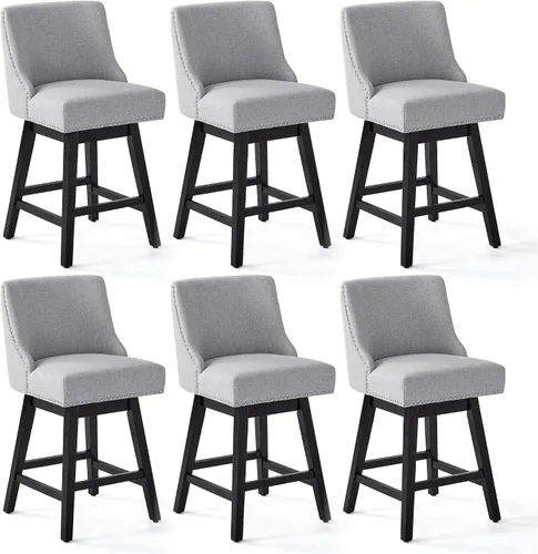 Miniatura 14 de Juego de 3 taburetes de bar giratorios de altura de mostrador, modernos taburetes giratorios de tela de lino con respaldo y patas de madera