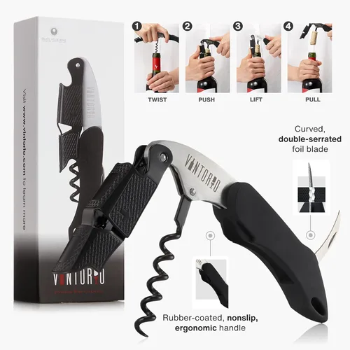 Miniatura 3 de Vintorio Sacacorchos profesional para camareros, llave de vino con agarre ergonómico de goma, abridor de botellas de cerveza y cortador de papel