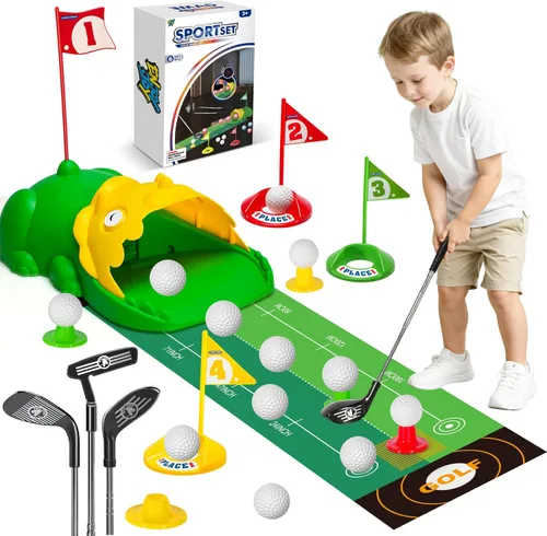 Juego de palos de golf para niños mejorados, palos de golf para niños con retorno de golf automático de dinosaurio, juego de golf para niños