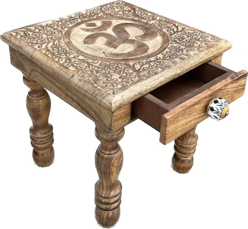 Miniatura 4 de DharmaObjects Mesa de meditación de altar de altar de oración tallada a mano de madera maciza de mango (OM)