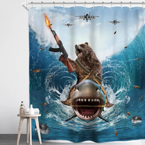 Miniatura 13 de Divertida cortina de ducha con diseño de gato de surf, tiburón, divertida, náutico, océano, océano, mar, ondas, animales, novedad, 72 pulgadas