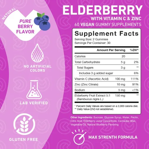 Miniatura 4 de PUREFINITY Gomitas de saúco con sambucus, vitamina C y zinc, tu suplemento diario perfecto 3 en 1 para niños y adultos, sin gluten, sin OMG