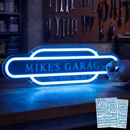 Letrero de neón de garaje azul personalizado con calcomanías, letrero de luz LED de acrílico personalizado hecho a mano, letrero de neón LED de