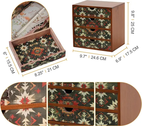 Miniatura 2 de Organizador de escritorio de madera verde bohemio con cajones, caja de almacenamiento de escritorio de 4 cajones, organizador de escritorio de Boho