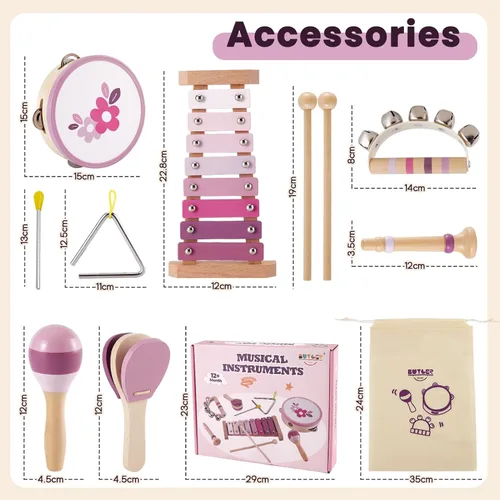 Miniatura 3 de BUYGER Instrumentos musicales para bebés con xilófono, juegos de instrumentos de percusión de madera con bolsa de almacenamiento, regalos educativos