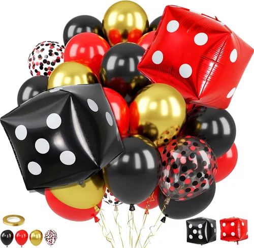 Globos de Casino, Globos Metálicos Negros Rojos Dorados de 12 Pulgadas con Confeti y Dados de Lámina para Decoración de Fiesta Temática de Juego de