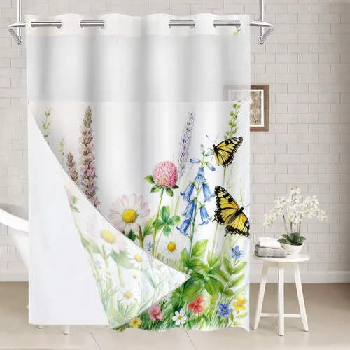 Miniatura 18 de Batmerry Cortina de ducha decorativa botánica con hojas blancas, flores románticas, borde victoriano, libélula y flores silvestres, bonita y ancha