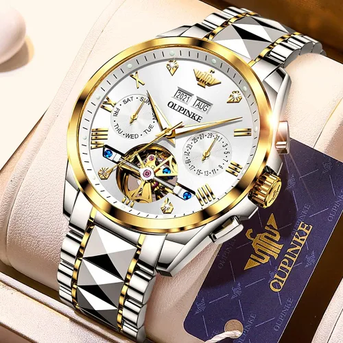 Miniatura 3 de OLEVS Relojes mecánicos automáticos de esqueleto para hombre, 5ATM, impermeable, tungsteno, acero inoxidable, cuerda automática, relojes de pulsera