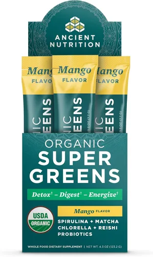 Miniatura 7 de Ancient Nutrition SuperGreens - Polvo con probióticos, verduras orgánicas con sabor a bayas, hecho de frutas reales, verduras y hierbas, soporte
