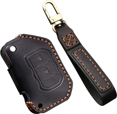 ontto Funda de cuero para llavero de 2/3 botones con llavero compatible con Jeep Wrangler JL JLU Rubicon 2018-2021, color negro, Negro -