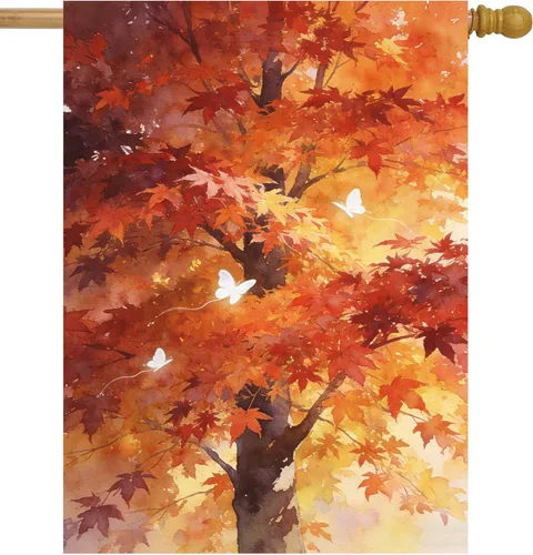 Miniatura 8 de Bandera de jardín de otoño con diseño de cuentos de hadas de fantasía, árbol, puesta de sol, mariposas, hierba, 12 x 18 pulgadas, pequeña, vertical
