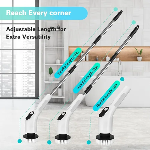 Miniatura 2 de Limpiador eléctrico giratorio, cepillo de limpieza de ducha inalámbrico impermeable con cabezales de cepillo reemplazables y mango de extensión