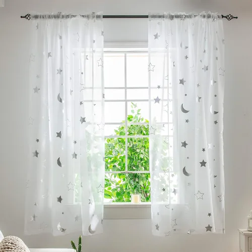 Cortinas Transparentes con Estampado de Lámina Plateada de Luna y Estrellas para Habitación de Niñas - Cortinas de Ventana con Bolsillo para