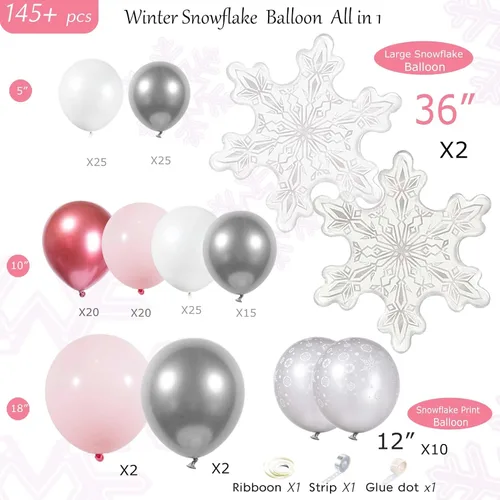 Miniatura 4 de Kit de arco de guirnalda de globos de invierno rosa, cromado, plateado, rojo y blanco con globos de copo de nieve para niñas Onederland princesa