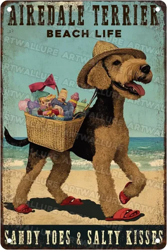 Airedale Terrier Beach Life - Letrero de metal rústico para decoración de pared, temática costera, diseño de dedos de arena, besos salados, placa de