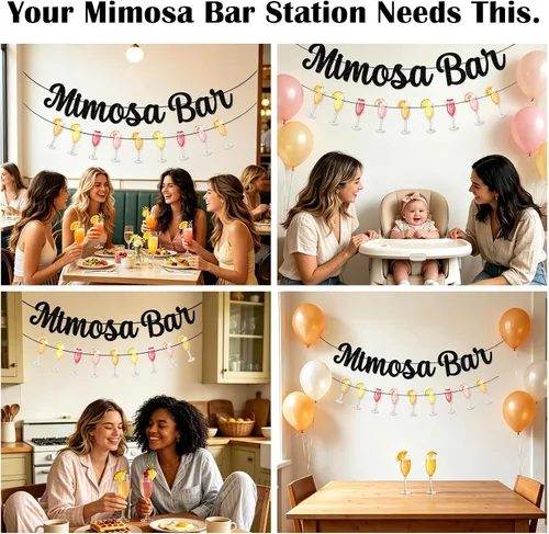 Miniatura 8 de Mimosa Bar Sign Banner Glitter Decorations for Bridal Shower Champagne Brunch Baby Shower Wedding Engagement Birthday Party Graduation Fiesta (Black)