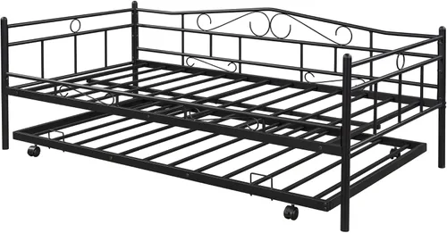 Miniatura 7 de Sofá cama de marco metálico de tamaño individual con ruedas extraíbles, soporte de sofá cama de listones de acero resistente para invitados, sofá