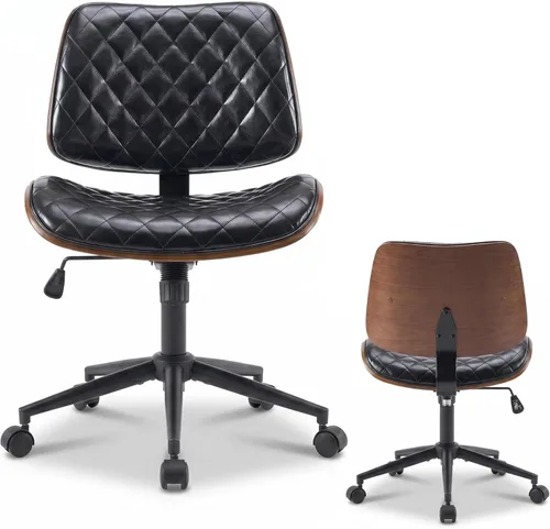 Furnimart Silla de escritorio pequeña sin brazos con ruedas, silla giratoria de piel sintética de 360° para dormitorio, silla de trabajo compacta