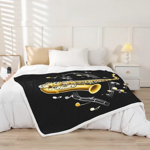 Miniatura 2 de Erosebridal Manta Sherpa de saxofón con notas musicales giratorias, manta de forro polar con instrumentos musicales, manta retro con temática