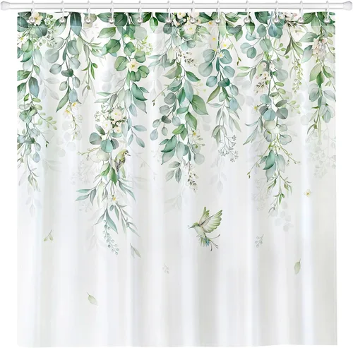 Miniatura 7 de Juego de cortinas de ducha de ramas de pájaro retro, cortinas de ducha de tela de poliéster impermeable con 12 ganchos para decoración del hogar, 72