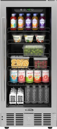 KoolMore Refrigerador pequeño integrado de 15 pulgadas y enfriador de bebidas para latas de refrescos, latas de cerveza, alimentos y aperitivos