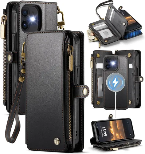 Defencase para iPhone 12/Pro Funda magnética tipo cartera compatible con Magsafe con bloqueo RFID, correa de cremallera y tarjetero para mujer,