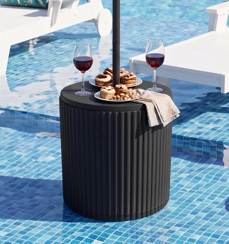 Miniatura 16 de SERWALL Outdoor Round Umbrella Side Table, 3-in-1 Ice Bucket & Side Table & Storage Box, Multi-Functional Use for Porch/Patio/Poolside, Beige