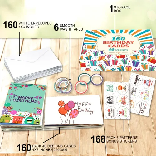 Miniatura 3 de feela Tarjetas de cumpleaños a granel, paquete de 160 40 diseños, caja surtida de tarjetas de feliz cumpleaños con 160 sobres en blanco, 168 piezas