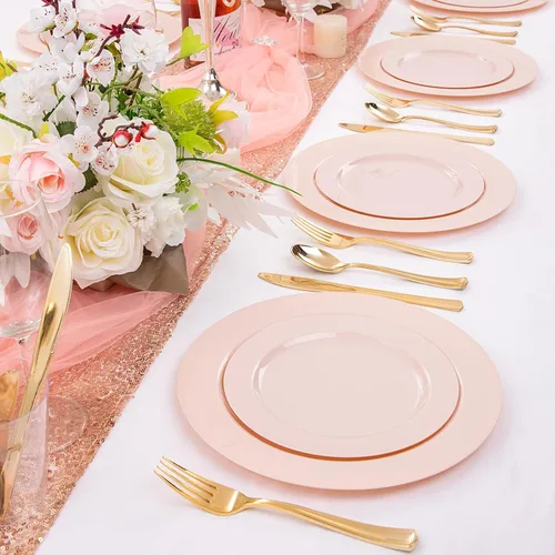 Miniatura 8 de FLOWERCAT 60 platos de plástico rosa, platos rosados resistentes desechables para fiestas de primavera y día de la madre/boda, para 30 invitados