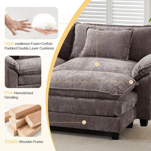 Miniatura 4 de Sofá Seccional, Sofá Modular Cloud con Otomana, Sofás Cama de Asiento Profundo con Almohadas Decorativas, Cómodo Sofá de Dos Plazas de Chenilla