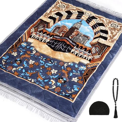 Miniatura 13 de Alfombra de oración musulmana con cuentas de oración Tasbih y sombrero de kufi, acolchada muy gruesa, alfombra de oración para hombres y mujeres