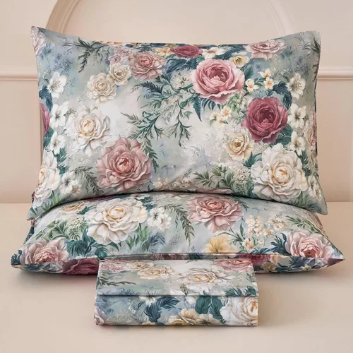 Miniatura 7 de Juego de sábanas de cama floral azul 100% algodón percal tamaño King, diseño vintage chic shabby, con patrón de peonía, ropa de cama suave y Monet
