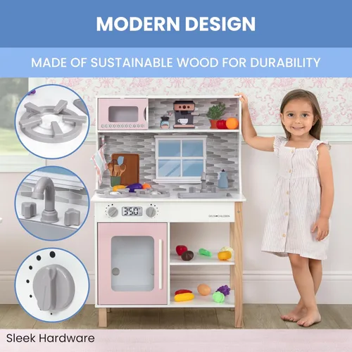 Miniatura 6 de Delta Children Tiny Chef Play Kitchen - Juego de cocina de juguete con perillas realistas que giran/hacen clic, horno, fregadero, microondas y 15