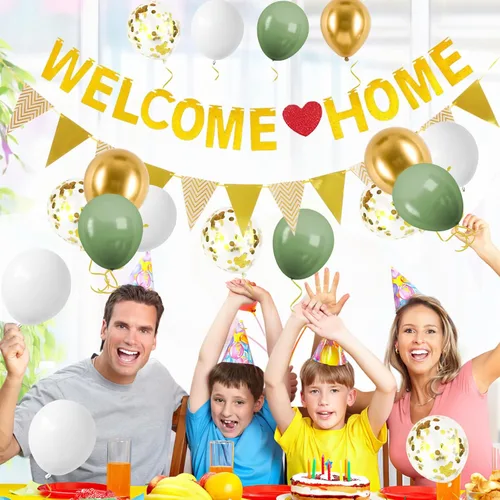 Miniatura 4 de Juego de globos y pancartas de bienvenida de color azul y plateado – Cartel con purpurina con globos de confeti, banderines de bandera