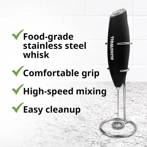 Miniatura 4 de BlendWell Espumador de leche eléctrico para matcha y café, mezclador de bebidas de mano con batería, con soporte, batidor de acero inoxidable, negro