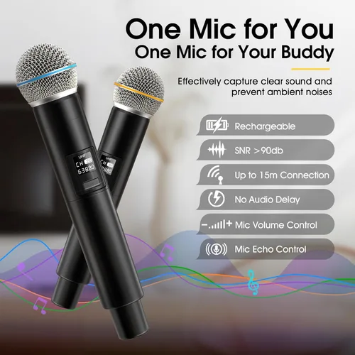 Miniatura 6 de Máquina de karaoke, altavoz de diseño retro con 2 micrófonos inalámbricos para adultos y niños, sistema de karaoke portátil para fiesta en casa