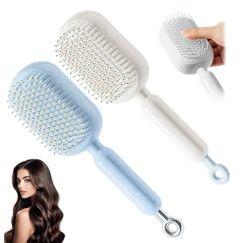 Miniatura 9 de Cepillo de pelo autolimpiante, cepillo retráctil con cerdas de masaje, peine antiestático fácil de limpiar para todo tipo de cabello, cepillo de Azul