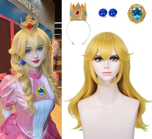 Miniatura 4 de LABEAUTÉ Aldult - Peluca rubia de princesa para mujer con corona, broche + clip para la oreja + gorra, juego de 5 piezas de peluca dorada larga
