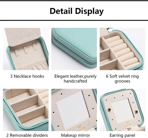 Miniatura 2 de Vee - Estuche pequeño para joyas de viaje mini organizador de joyas con espejo portátil caja de joyería para aretes anillos collares pulseras