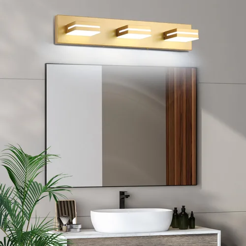 Miniatura 7 de SineRise Lámparas LED modernas para tocador de baño (3 luces, 24 pulgadas), accesorios de iluminación de pared de acrílico moderno dorado mate sobre