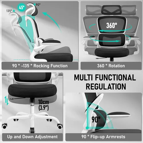 Miniatura 3 de Silla de oficina ergonómica de respaldo alto, silla de escritorio de malla transpirable con soporte lumbar, reposacabezas ajustable, reposabrazos