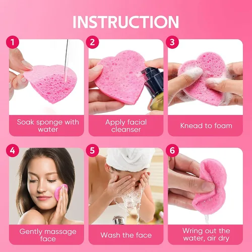 Miniatura 3 de GAINWELL 50 esponjas faciales comprimidas en forma de corazón para limpieza facial diaria y exfoliación, esponjas cosméticas de spa 100% naturales