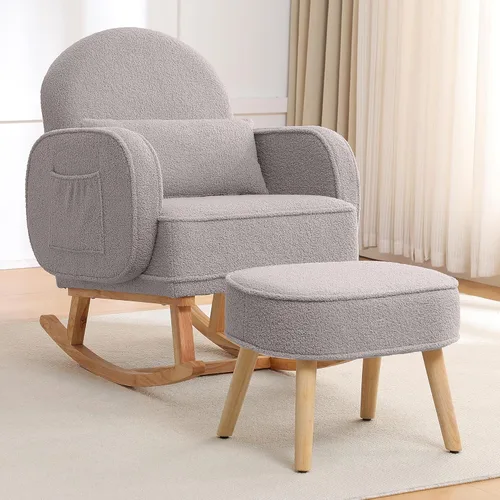 Miniatura 3 de HCHAIRH Mecedora para guardería con otomana, mecedora tapizada con respaldo alto y bolsillo lateral, sillón con patas de madera maciza para Gris